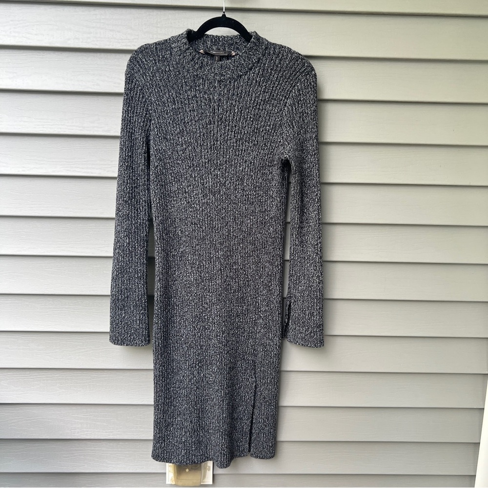 BCBGMaxAzria Charcoal Ribbed Midi Dress Medium Mock Neck Side Slit Long Sleeves